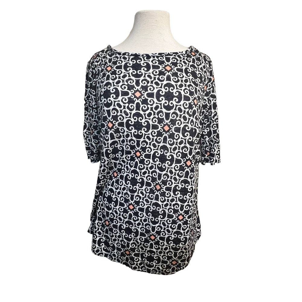 Loft 100% Linen Women’s L Blue Print Tee Shirt Top